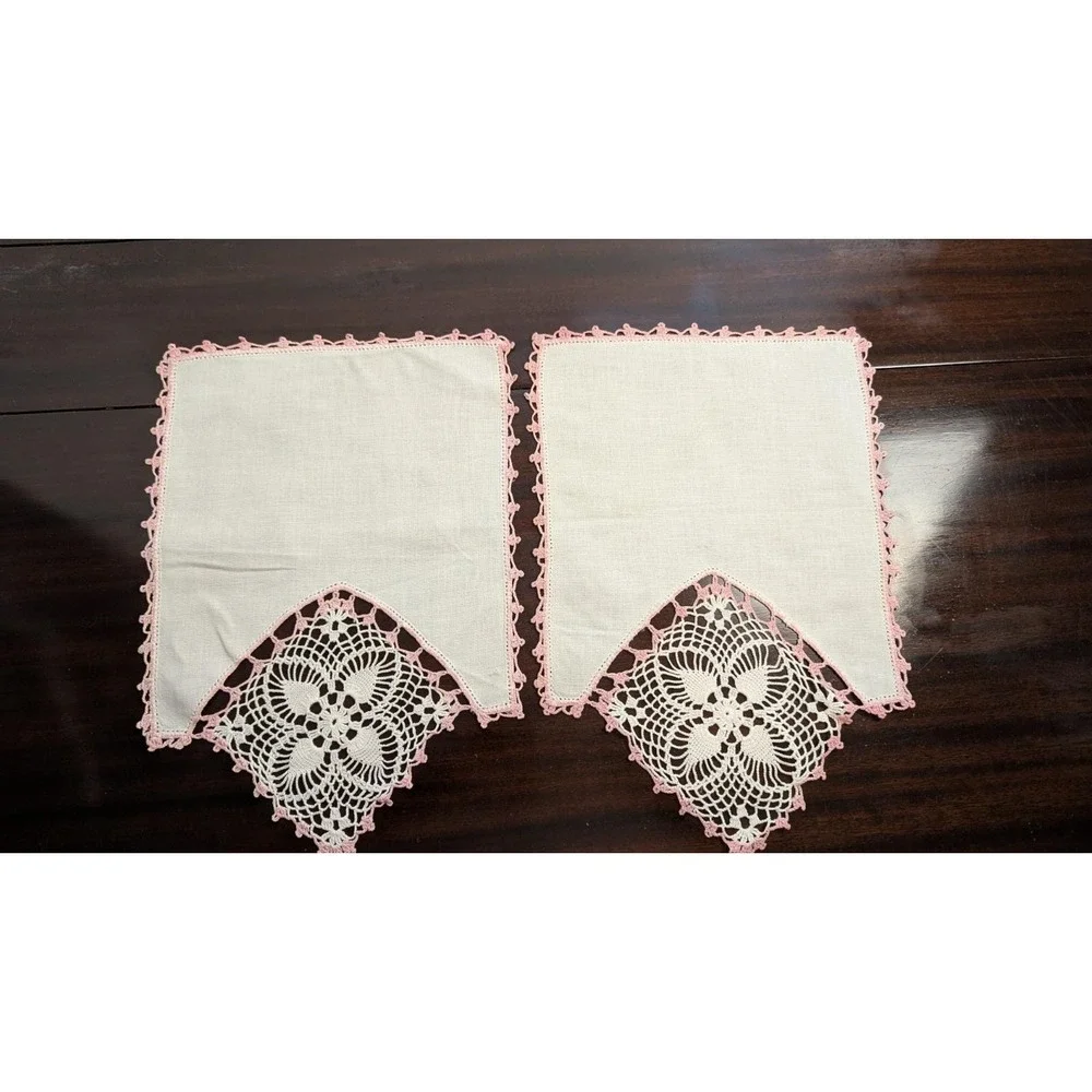 Vintage Pink Crochet Linen Table Runner Set Handmade Lace Napkins Doily 6pc